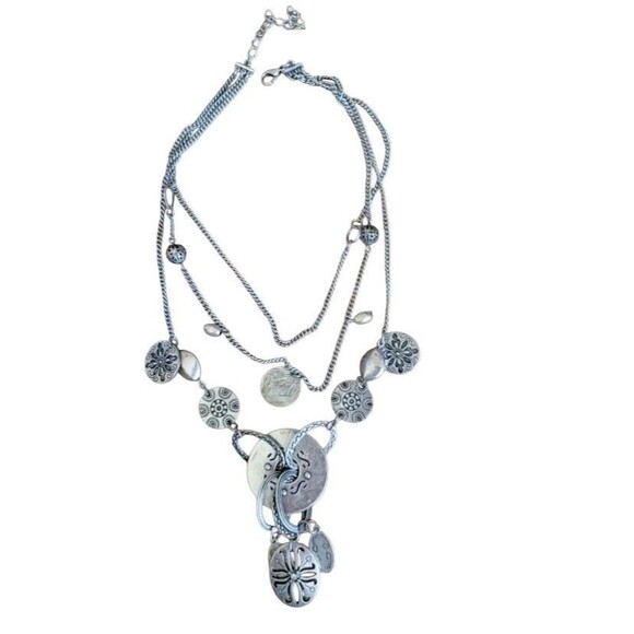 Macy's Eclectic Ethnic Design Multi Layer Disc Silver Tone Rhinestone Necklace - Picture 5 of 6